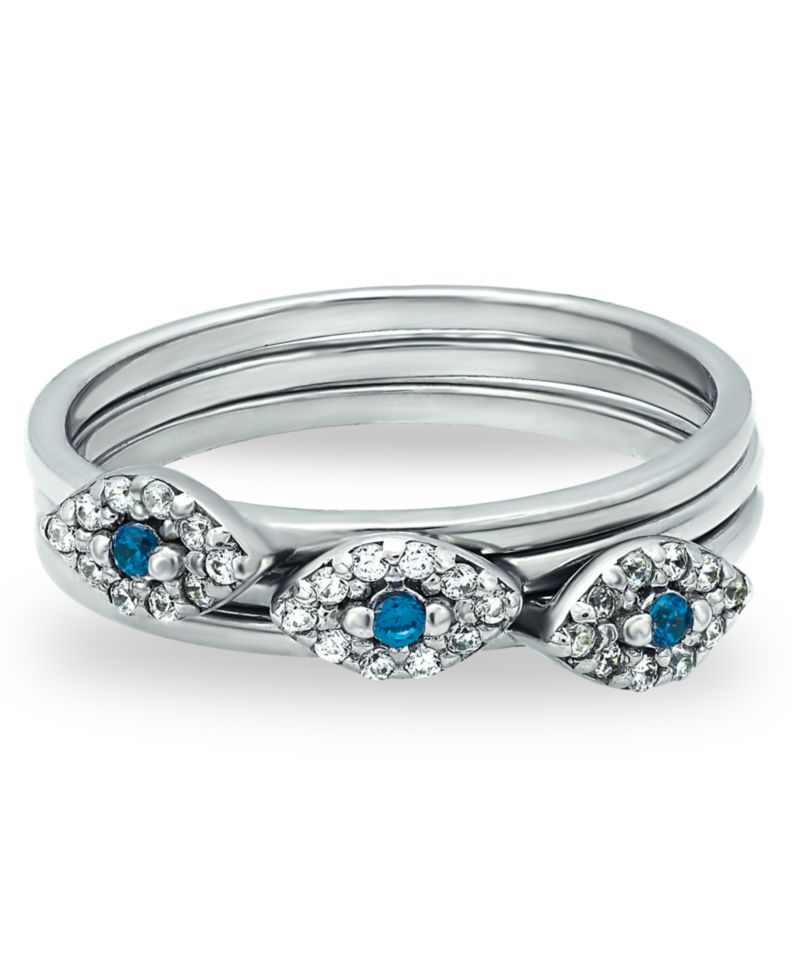 Cubic Zirconia Evil Eye Trio 18K Silver Plate Stack Ring, Set of 3 Rings