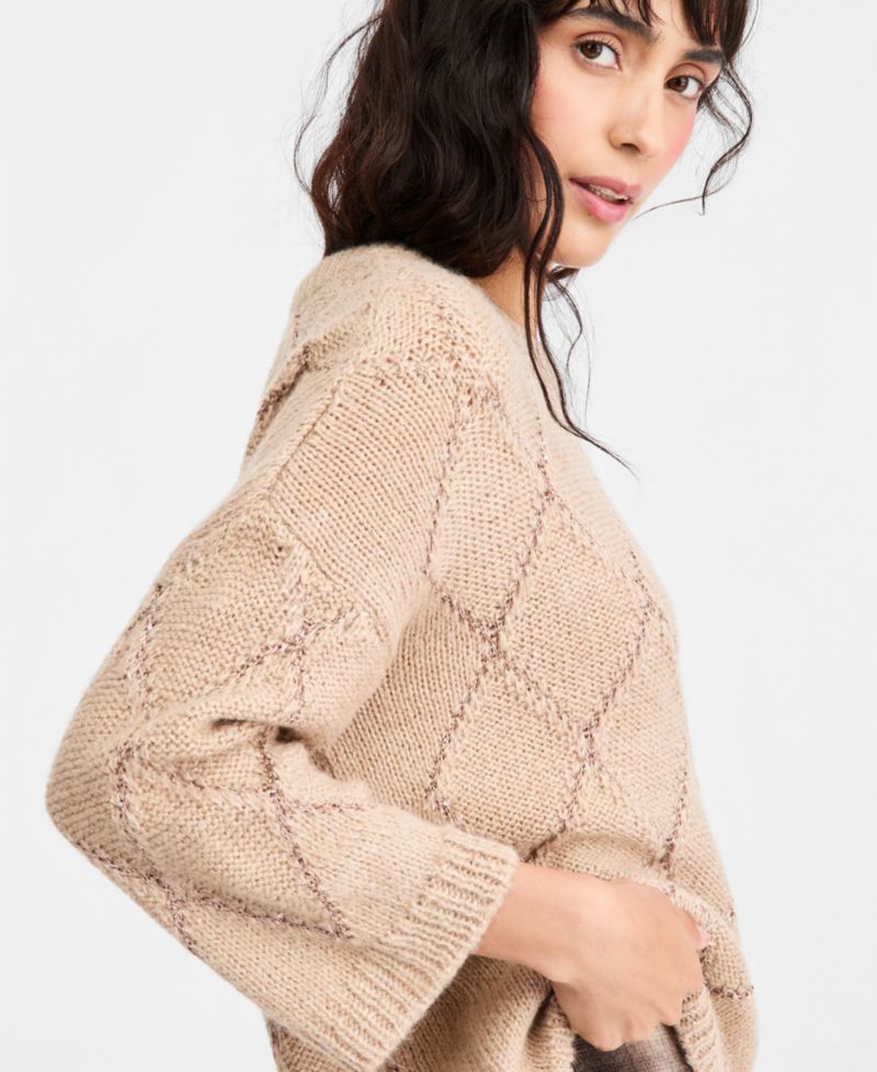 Women's Sequin-Embellished Diamond-Pattern Crewneck Sweater