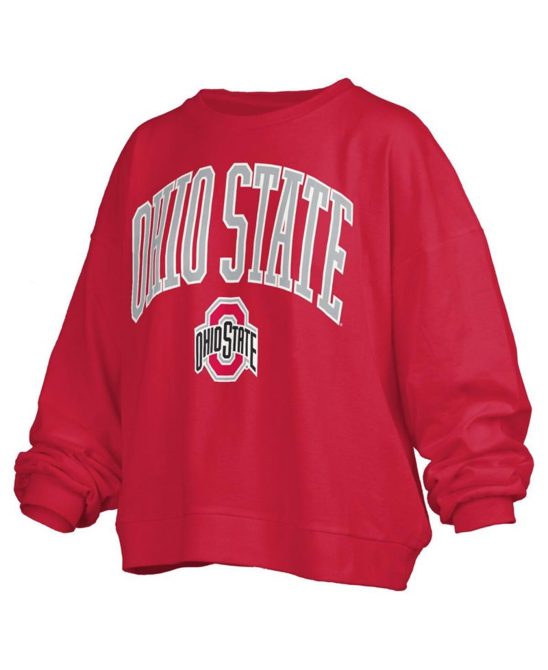 Women's Scarlet Ohio State Buckeyes Janise Arch Over Logo Waist Length Oversized Pullover Sweatshirt