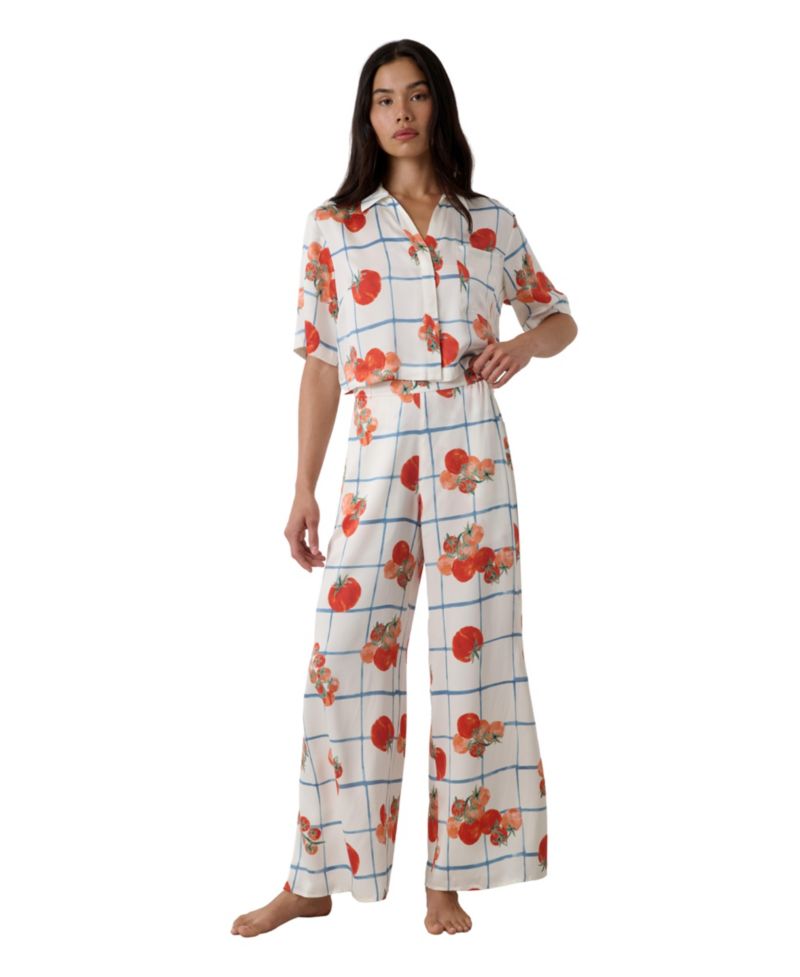 Women's Washable Silk High-Waisted Button-Down Top and Pant, 2-Piece Pajama Set