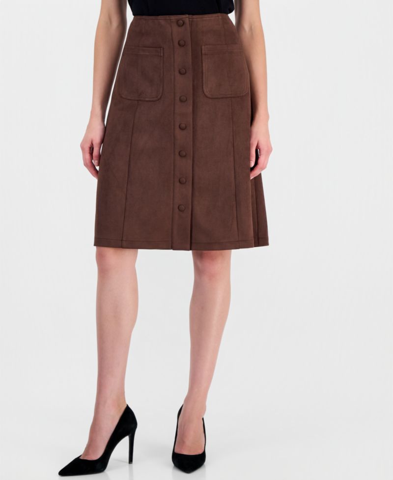 Women's High-Waisted Midi A-Line Faux Suede Skirt