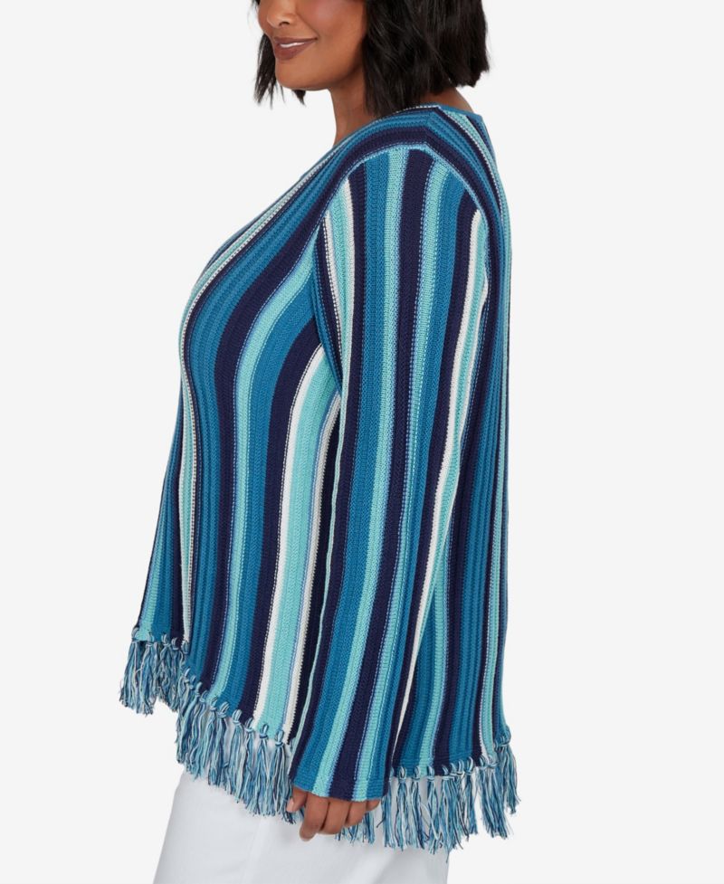 Plus Size Stripe Fringe 3/4-Sleeve Pullover