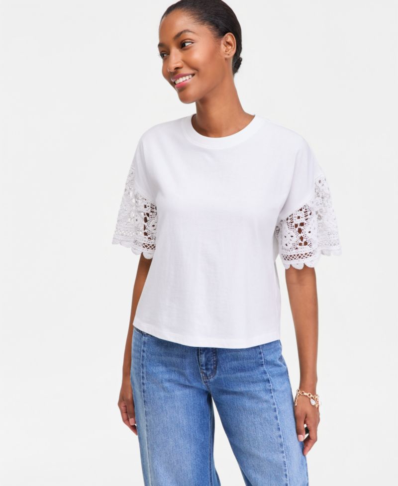 Women's Crochet-Sleeve Jersey T-Shirt