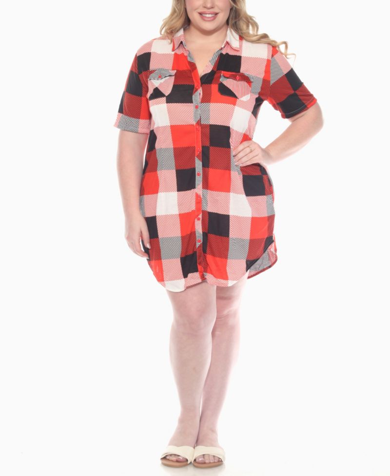 Plus Size Short Sleeve Plaid Button-Down Shirt Dress