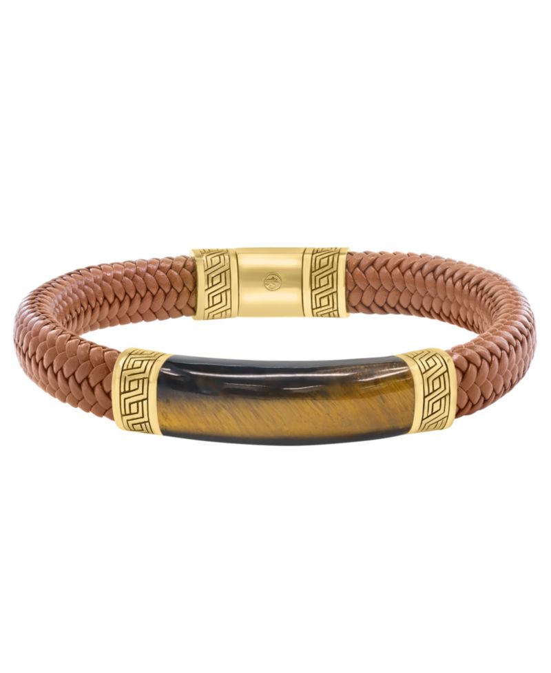 Men's Tigers Eye (27-3/8 ct. t.w.) Bracelet in Brown Leather with 18k Gold