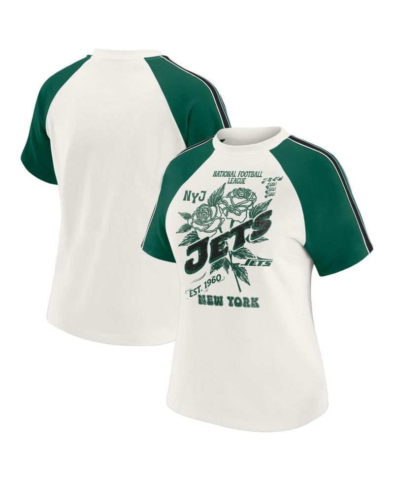 Women's White New York Jets Sleeve Stripe Distressed Raglan T-Shirt