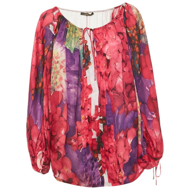 Women's Pink Floral Print Silk Pleated Blouse