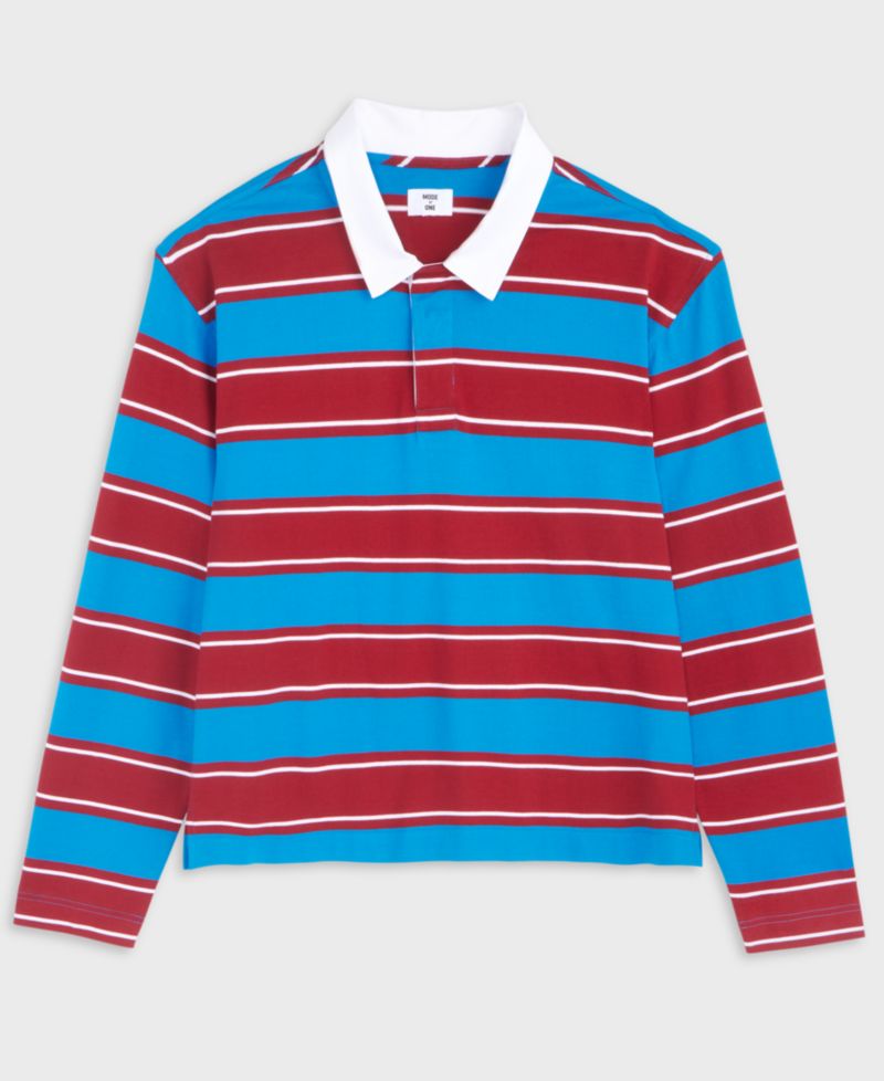 Men's Striped Rugby Long Sleeve Relaxed-Fit Cotton Polo Shirt