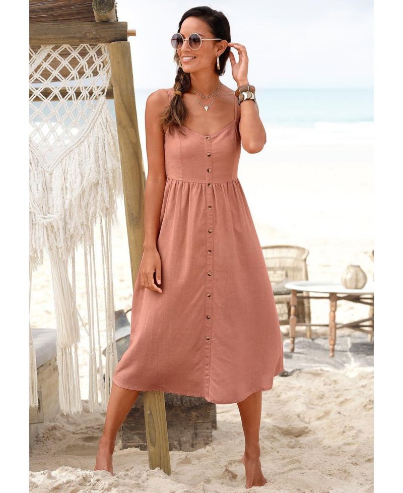 Women's Printed Button Up Panel Smocked A-Line V-Neck Midi Dress