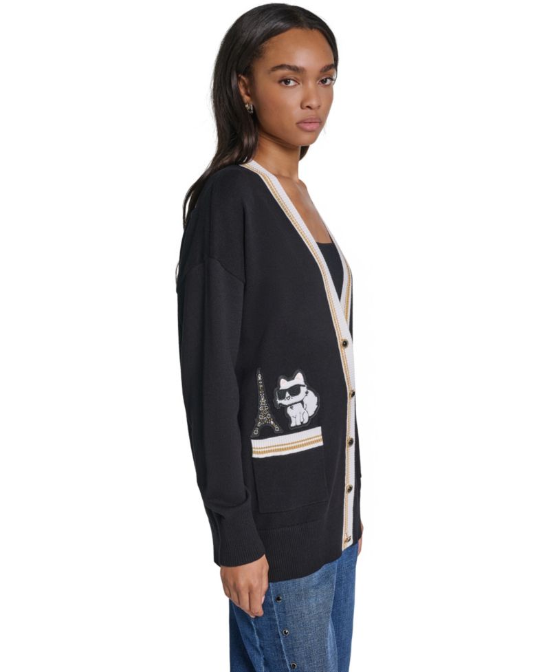 Women's Varsity Oversized Patch V-Neck Cardigan Sweater