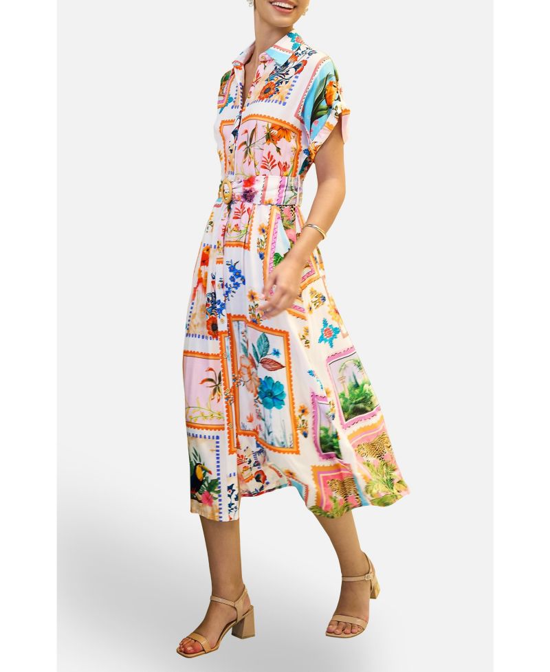 Women's Tropical Postcard Print Midi Shirt Dress