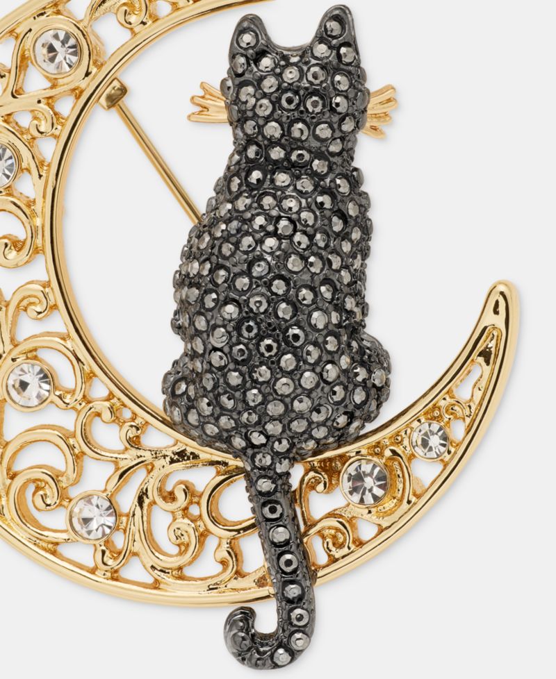 Pav&eacute; Cat Filigree Moon Pin