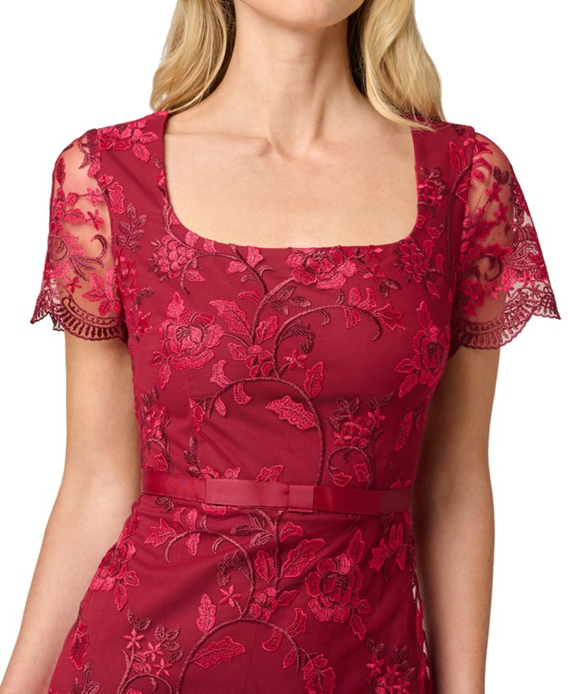 Women's Short-Sleeve Square-Neck Floral-Embroidered Dress