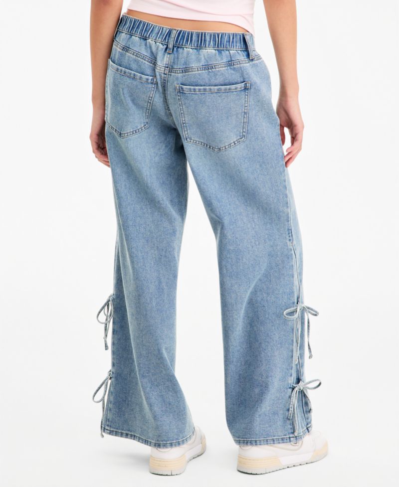 Juniors' Wide-Leg Elastic Back Side Tie Jeans