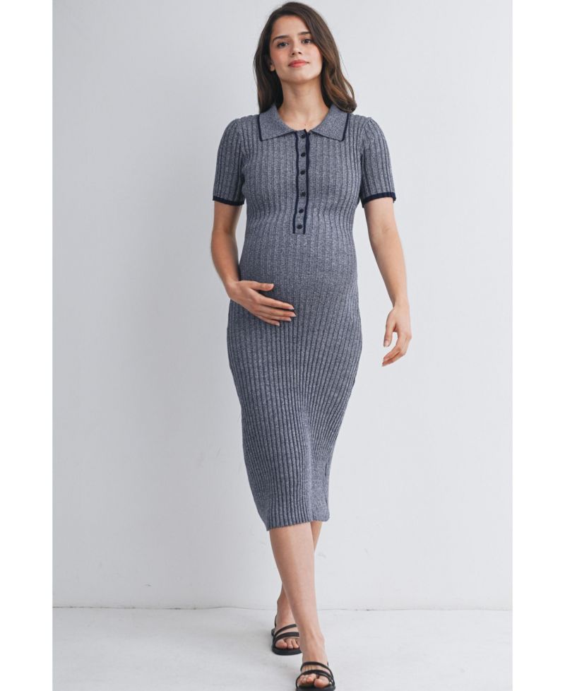 Women's Maternity Collared Ribbed Knit Midi Dress with Button-Front Nursing Access