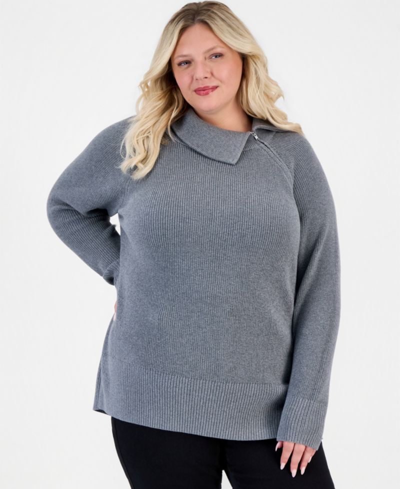 Petite High-Neck Zip Cotton Sweater