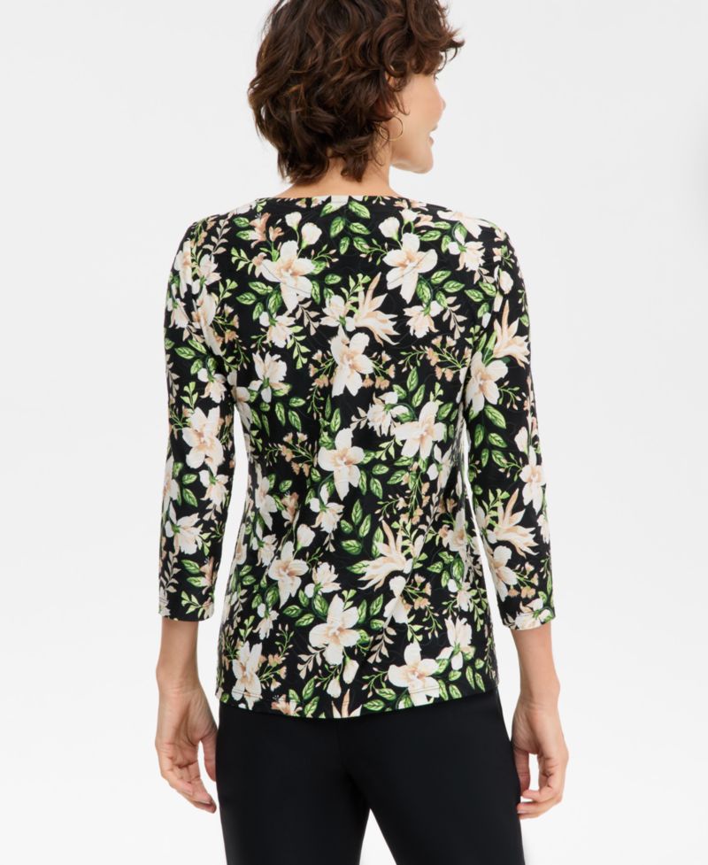 Women's Floral Bouquet Jacquard 3/4-Sleeve Top