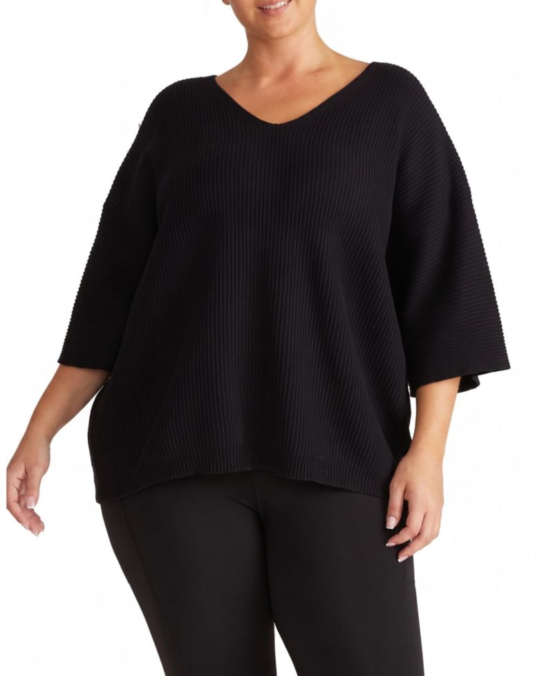 Plus Size Lotus V-Neck Oversized Ribbed-Knit Sweater