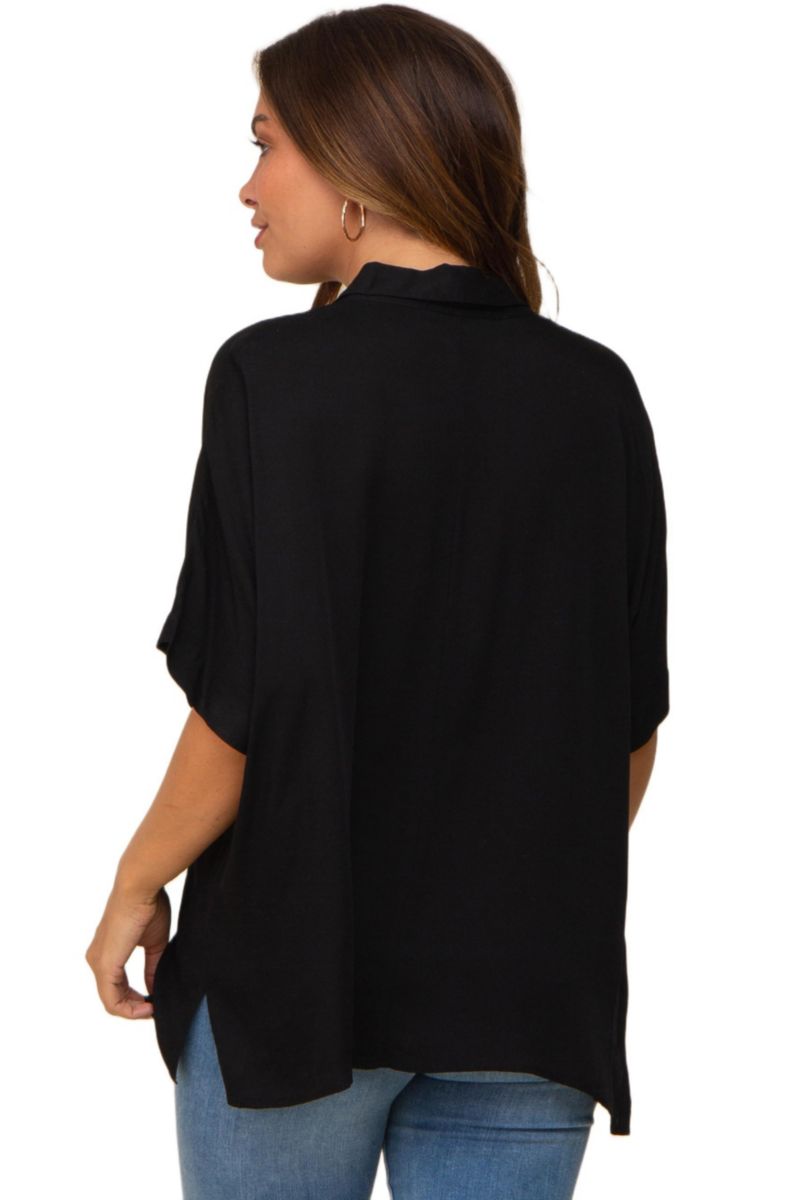 Women's Black Button Up Dolman Short Sleeve Top