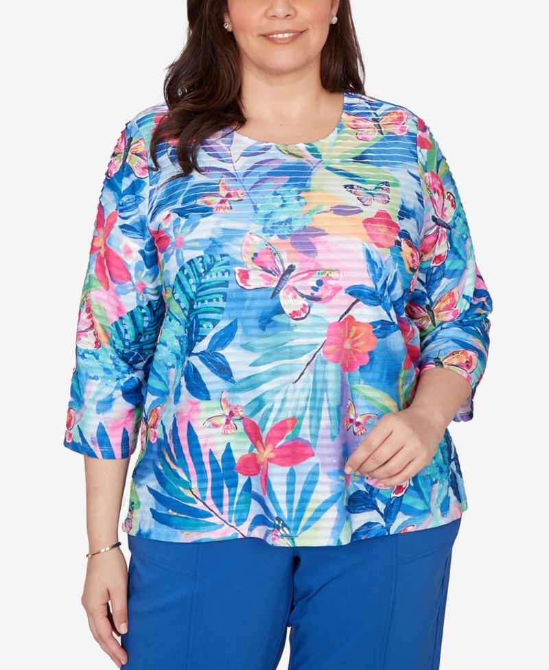 Plus Size The Royal Treatment Tropical Butterfly Ruffle Textured Top