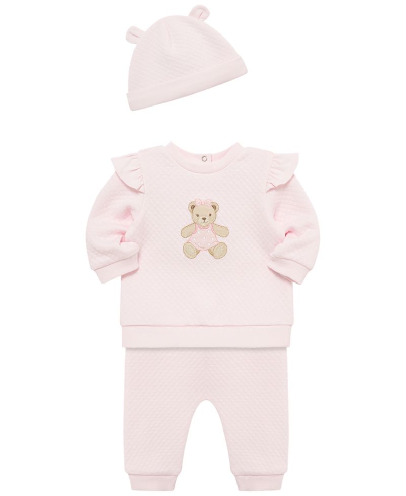Baby Girls' Dainty Bears Quilt Long-Sleeve Top, Pants and Hat, 3-Piece Set