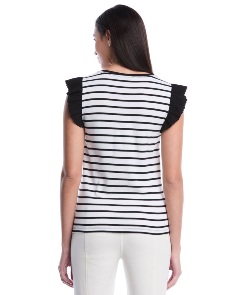 Petite Striped Ruffle Cap-Sleeve Top