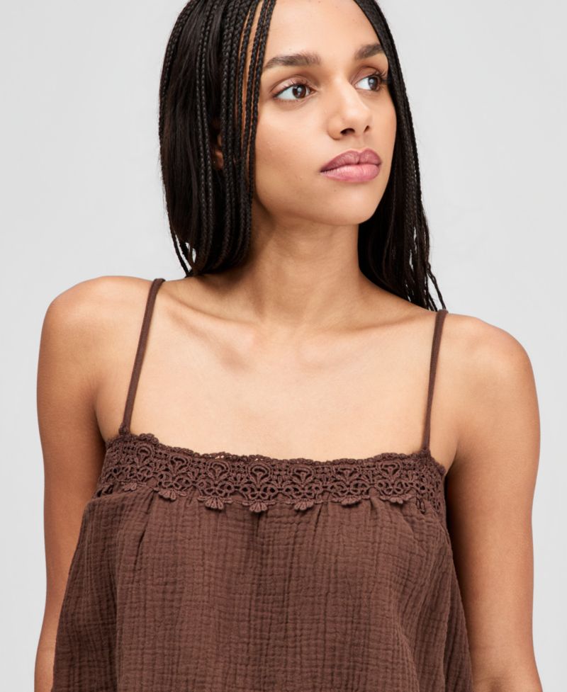 Plus Cotton Crochet-Trim Bubble-Hem Top
