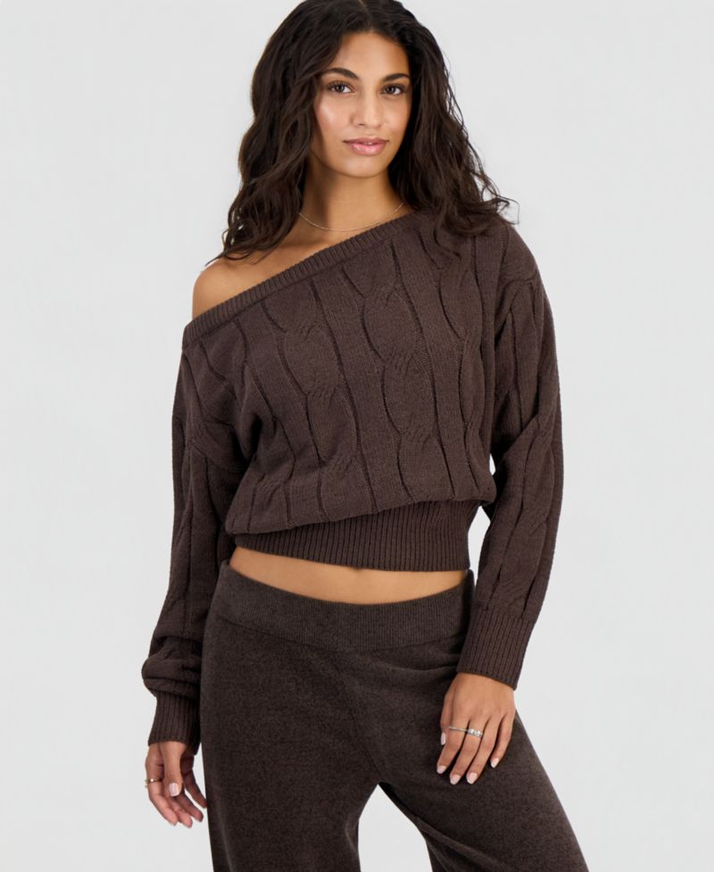 Juniors' Cable-Knit Off-the-Shoulder Slouchy Sweater