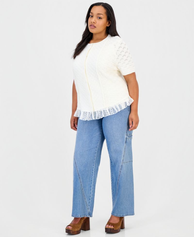 Petite Pointelle Lace-Hem Short-Sleeve Cardigan