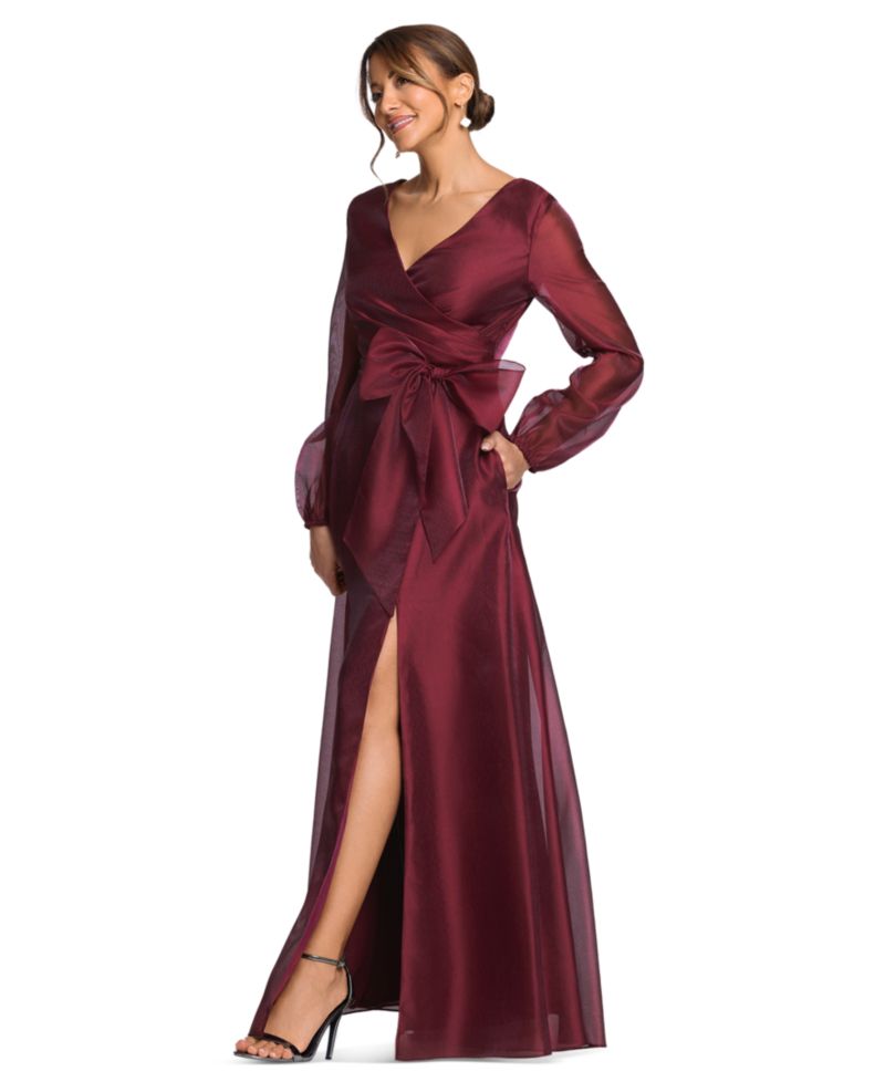 Women's V-Neck Long Sleeve Metallic Organza Gown