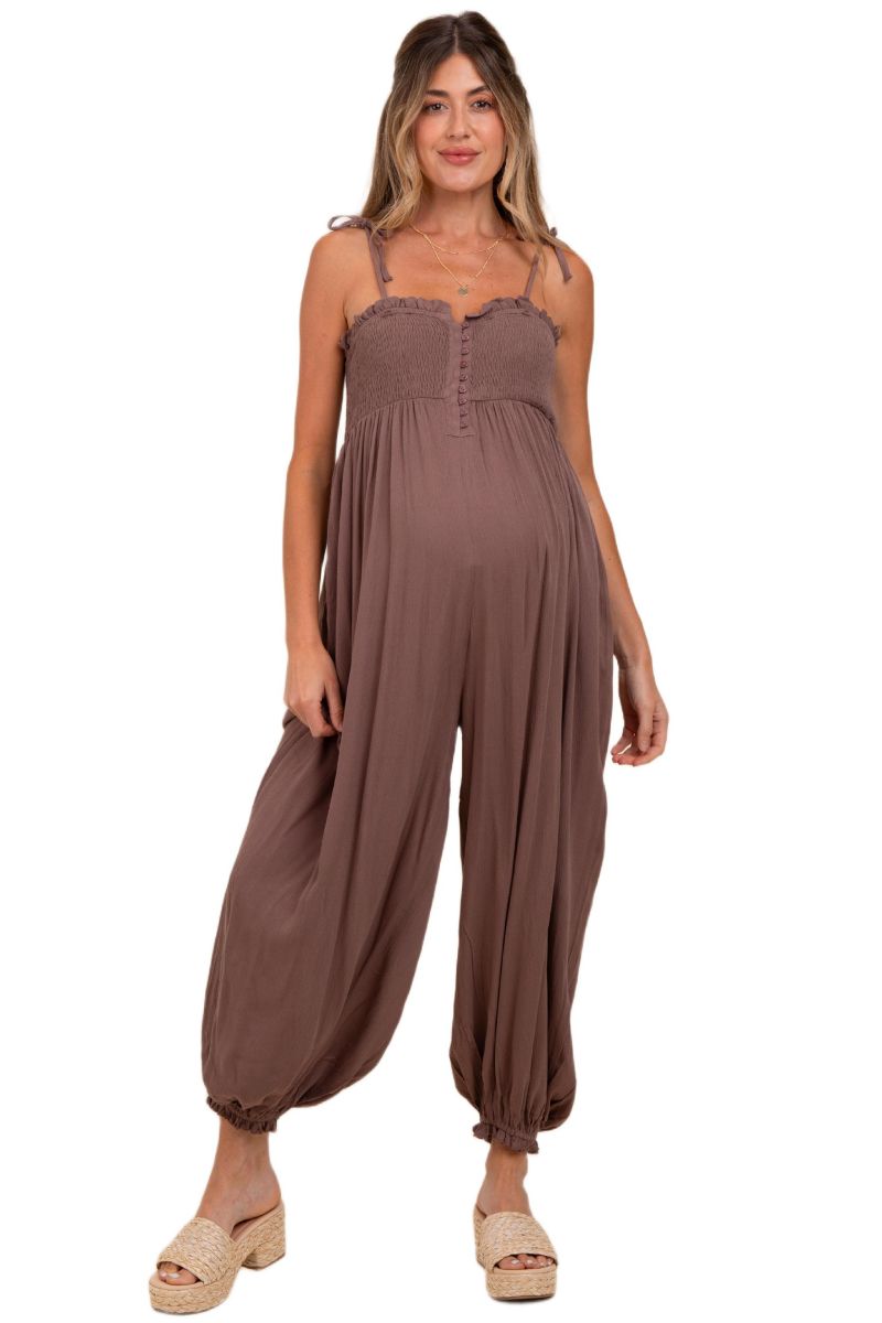 Women's Beige Smocked Button Front Shoulder Tie Jumpsuit
