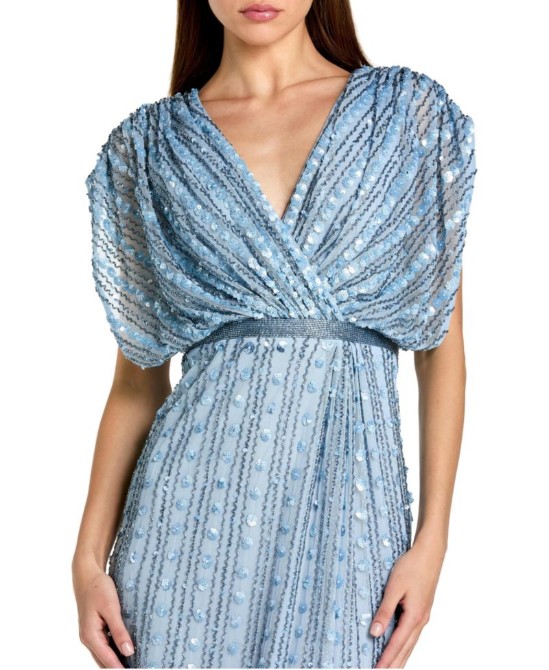 Women's Beaded Mesh Blouson V Neck Column Gown