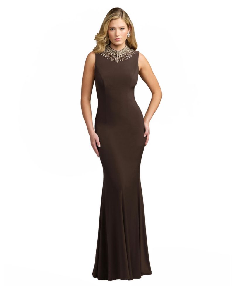 Women's Rhinestone-Embellished Mock-Neck Trumpet Gown