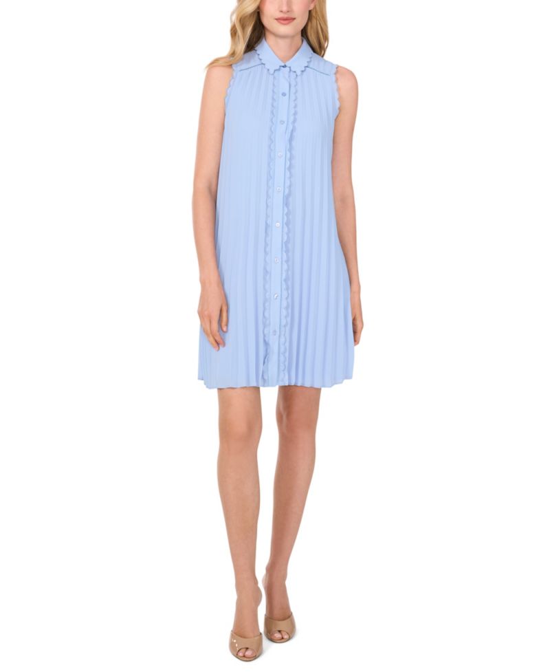Women's Sleeveless Scalloped Pleated Button-Down Dress