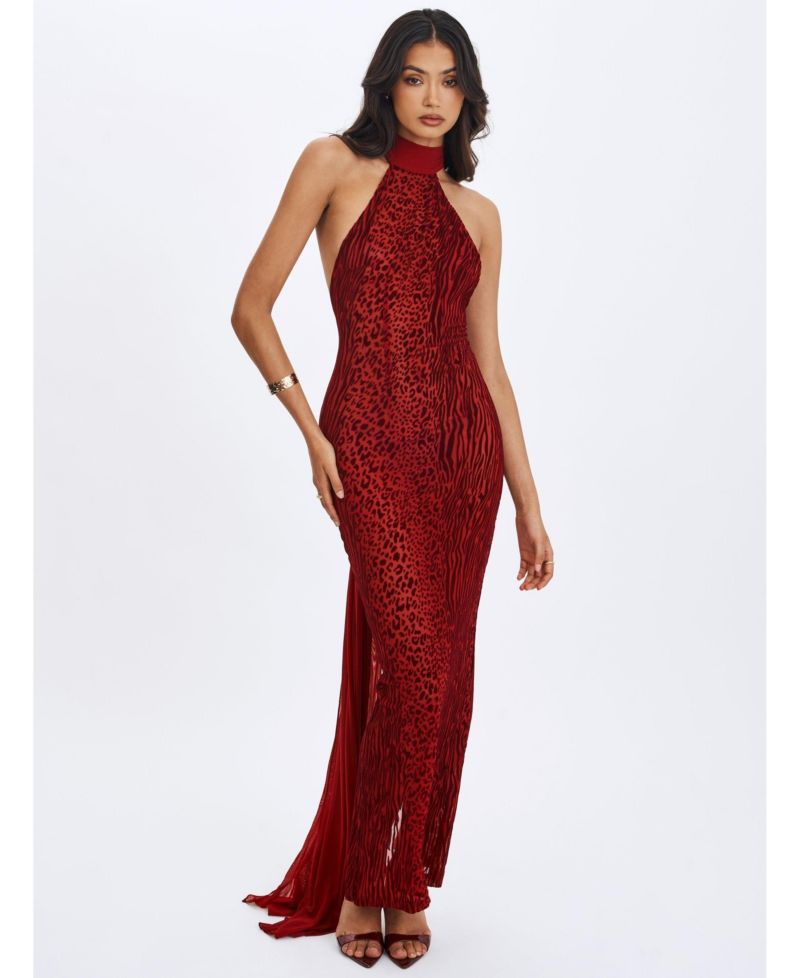 Women's Cerise Scarlet Burnout Velvet Multiwear Mesh Ribbon Maxi Dress