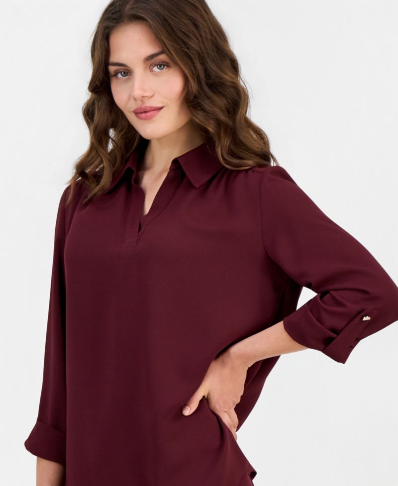 Petite V-Neck 3/4-Length Roll-Tab Sleeve Blouse