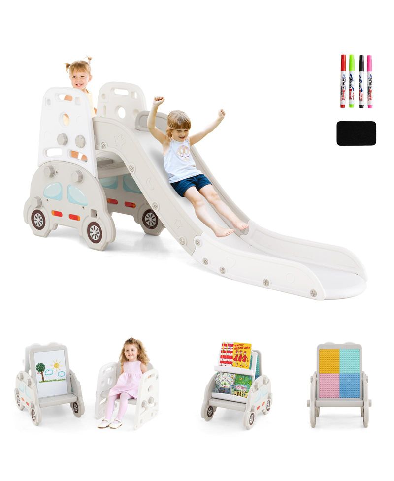 Toddler 5-in-1 Indoor Playground Slide Set with Easel, Stool and Book Rack