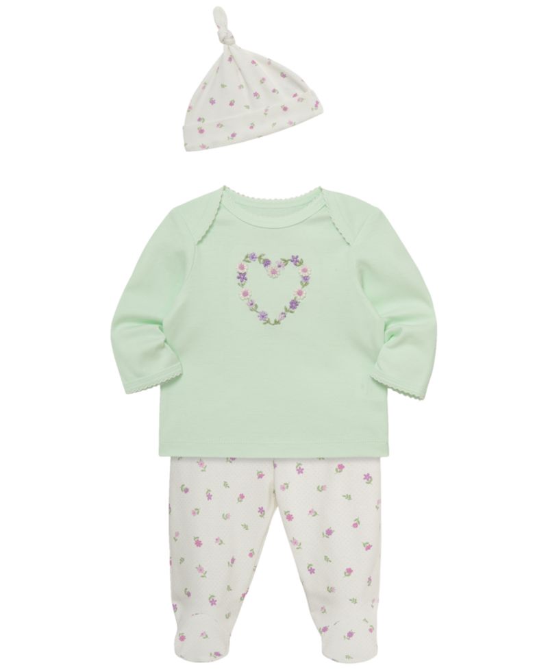 Baby Girls' Floral Heart Lap-Shoulder Top, Pants and Hat, 3-Piece Set