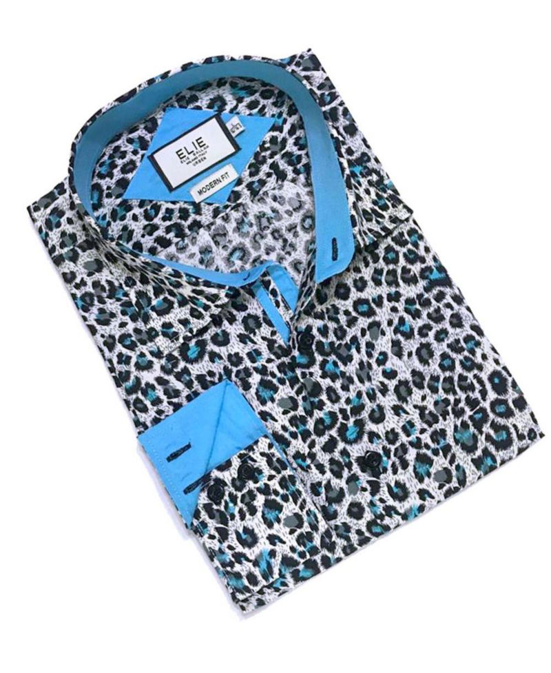 Little Boys Teal Slim Fit Leapord Button-Down Shirt