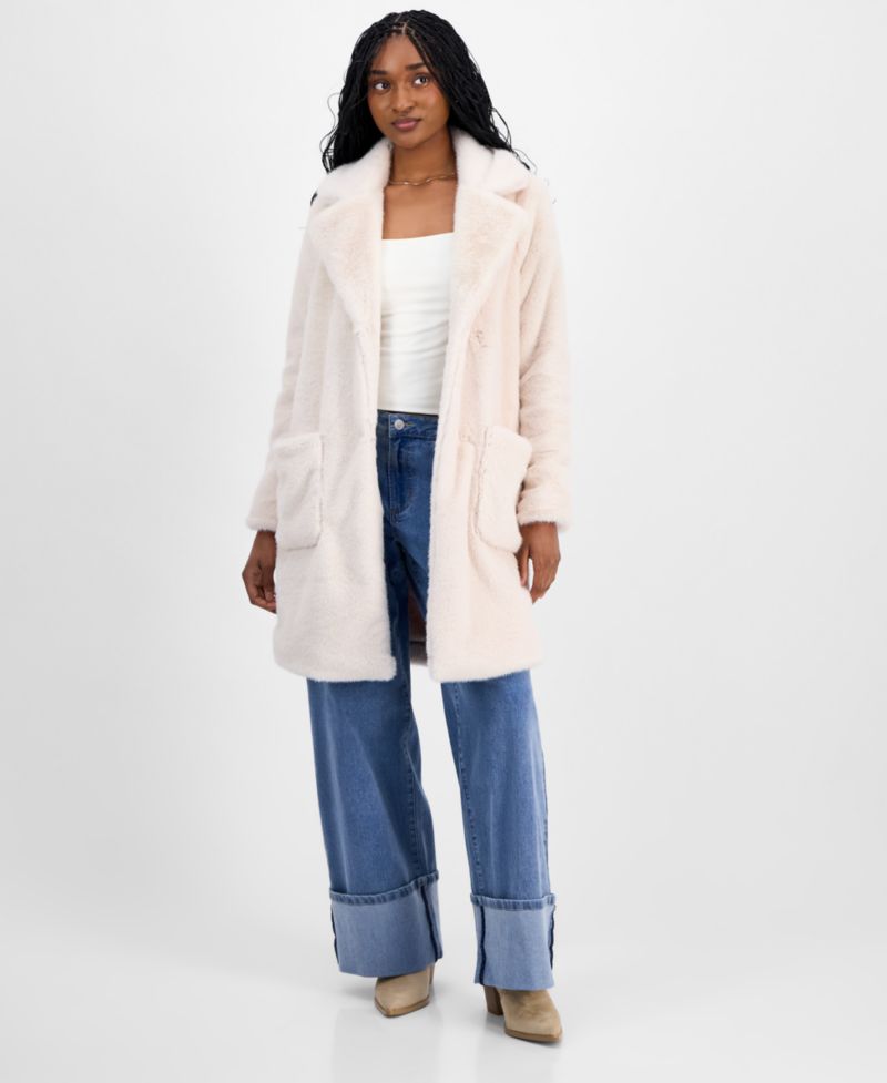 Juniors' Notched-Collar Faux-Fur Walker Coat