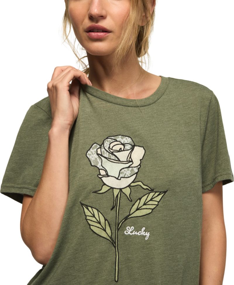 Women's Lace Rose Graphic-Print Lace-Trim T-Shirt
