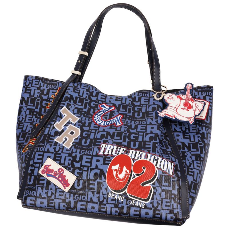 Women's Multi Patch Graphic Tote Bag with Buddha Charm and Adjustable Shoulder Straps