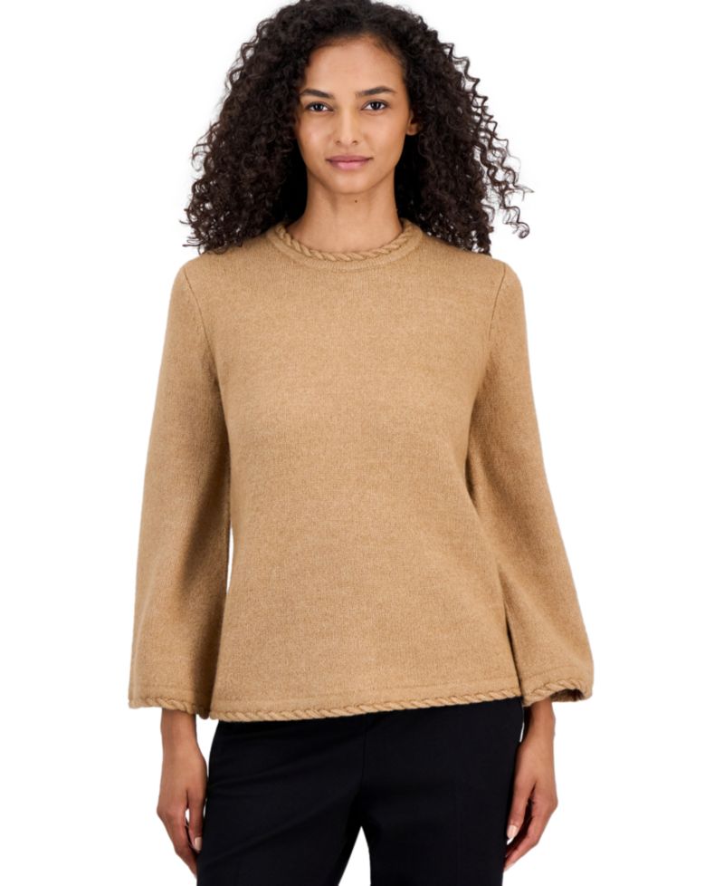 Petite Braided-Trim Long-Bell-Sleeve Sweater