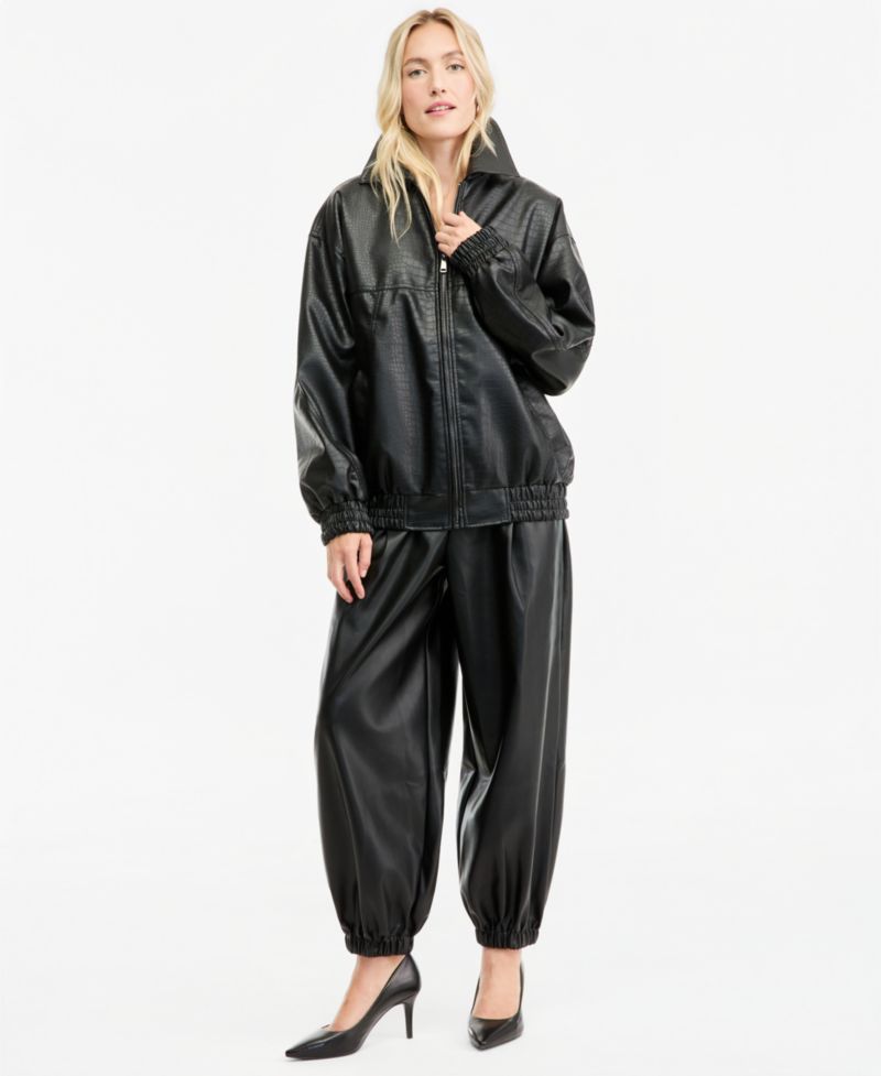 Women's Croc-Embossed Faux-Leather Oversized Bomber Jacket