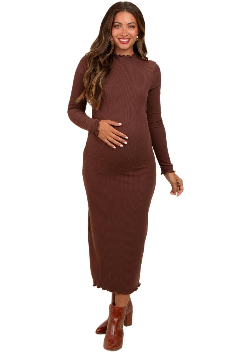 Women's Brown Ruffle Mock Neck Long Sleeve Midi Dress