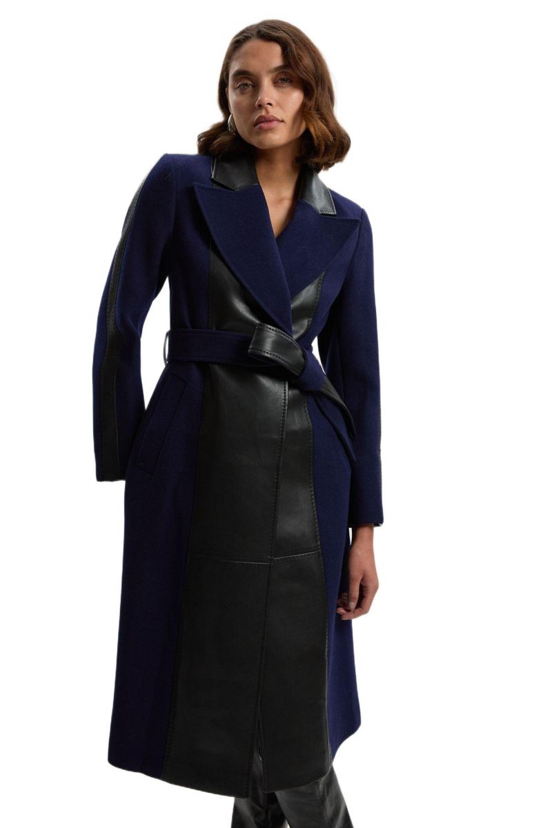 Women's Wool Pu Mix Belted Midi Coat