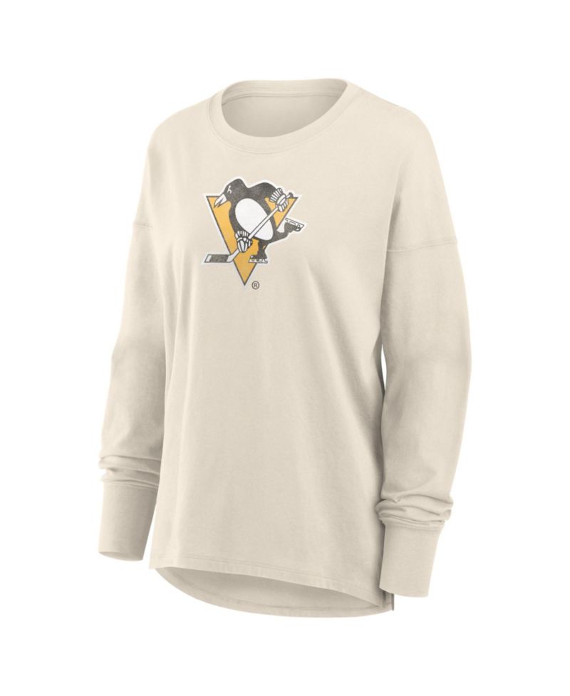 Women's Cream Pittsburgh Penguins Distressed Logo Long Sleeve T-Shirt