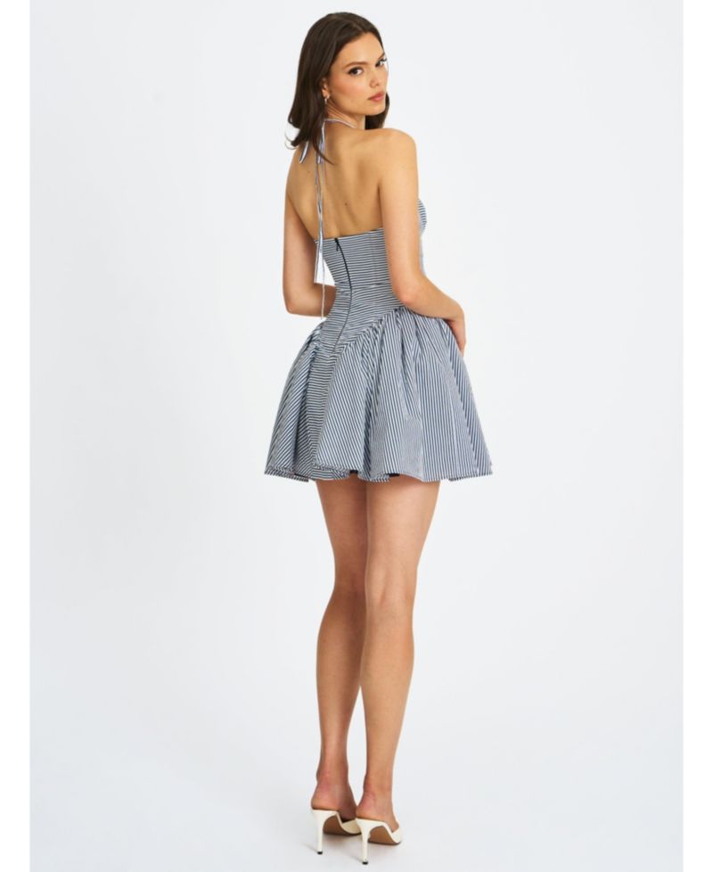 Women Melody Navy Blue Railroad Stripe Halter Drop Waist Mini Dress