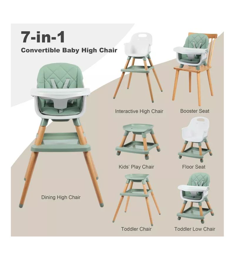 7-in-1 Convertible Baby High Chair with Removable Tray and 5-Point Harness
