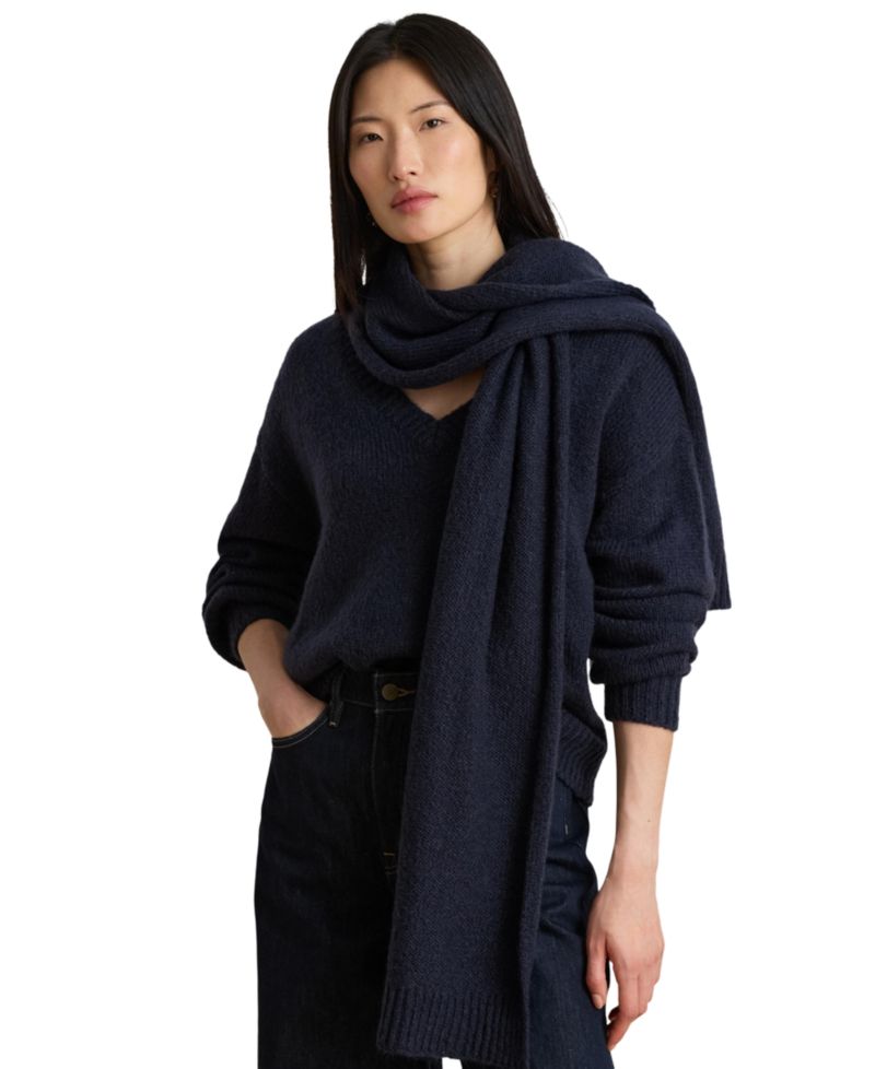 Women's Lofty Mohair Blend-Long Detachable Scarf V-Neck Sweater